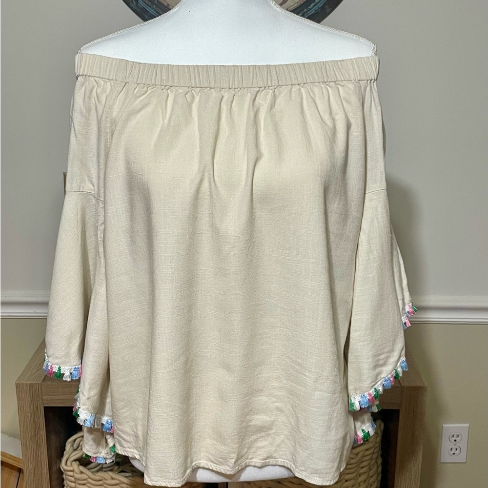 Andree by Unit Cream Cotton Linen Off-the-Shoulder Blouse, multicolored Fringe
